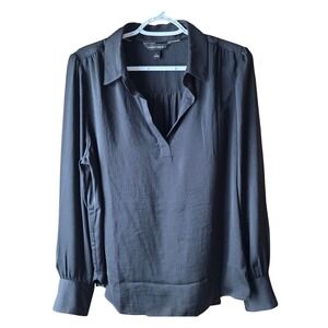Banana Republic L Black Satin Blouse Long Sleeve Collared Pullover Shirt